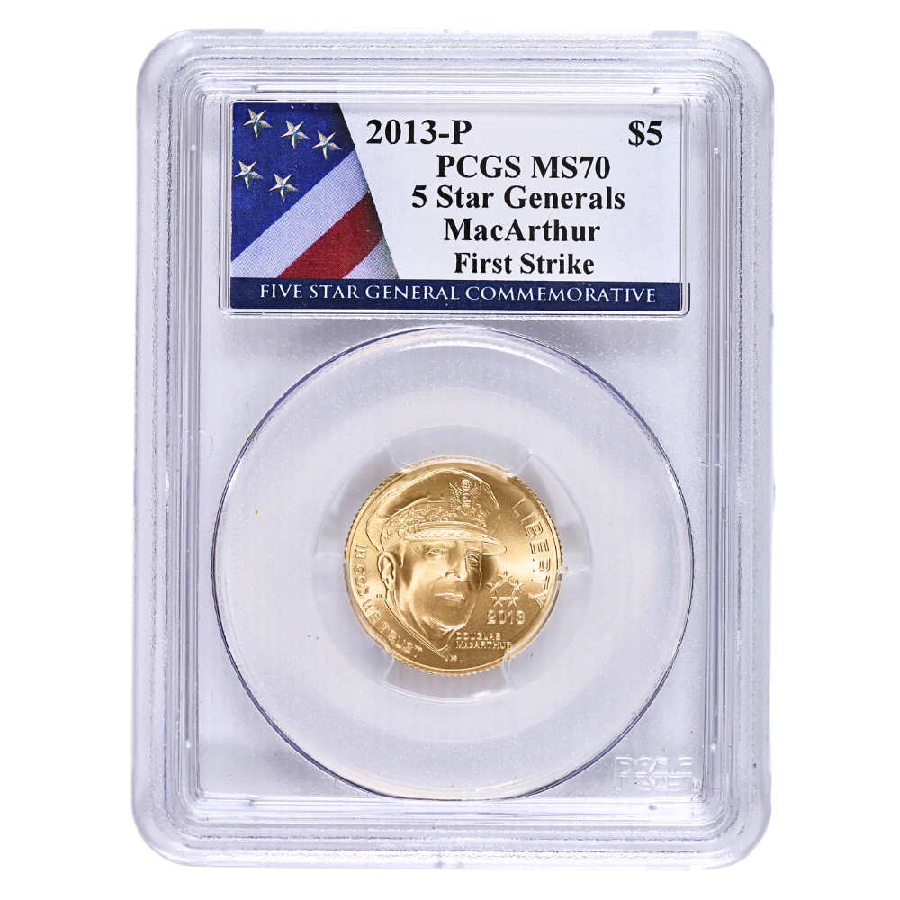 Certified $5 Gold Commemorative 2013-P Five Star Generals MacArthur MS70 PCGS First Strike 